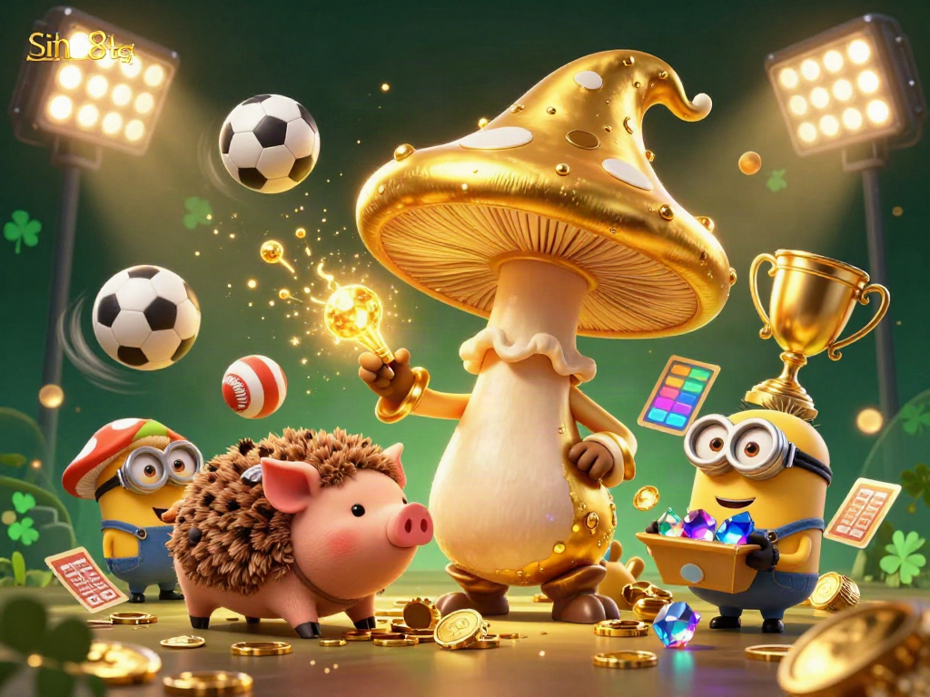 Experience thrilling gameplay at sin88tg with a golden mushroom wizard surrounded by treasure and sports elements.