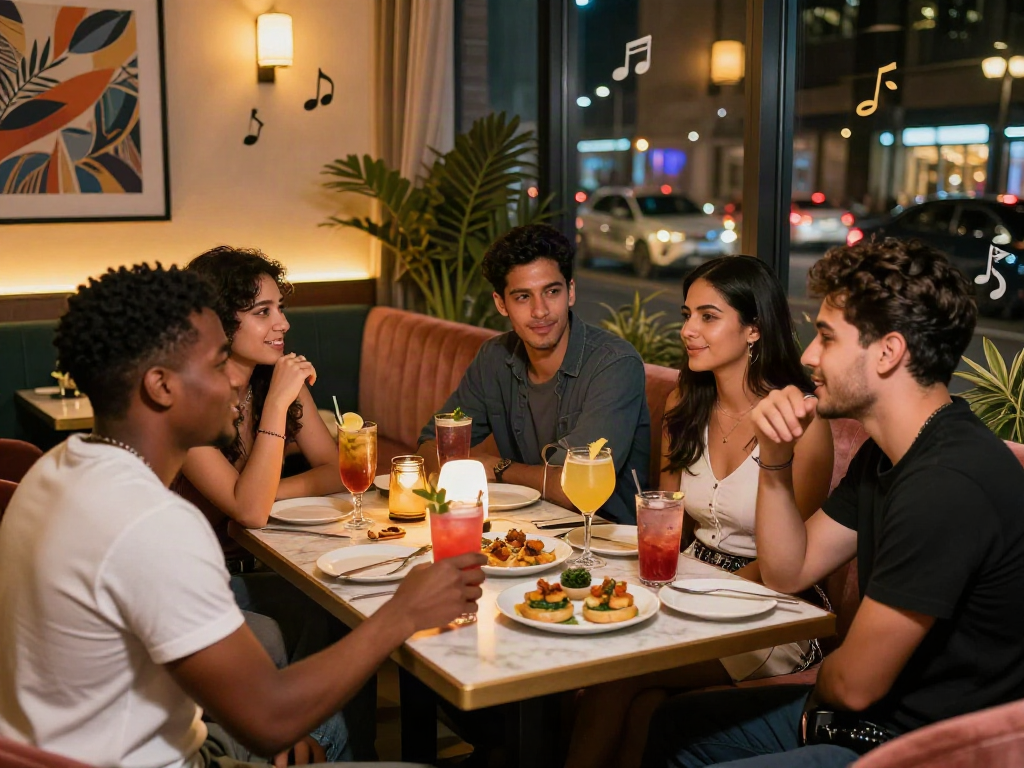 Friends enjoying rokok88 cocktails at a lively urban bar, showcasing vibrant nightlife atmosphere.