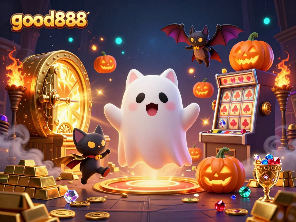 Spin the reels with good888’s ghostly companions in a vibrant haunted casino scene.