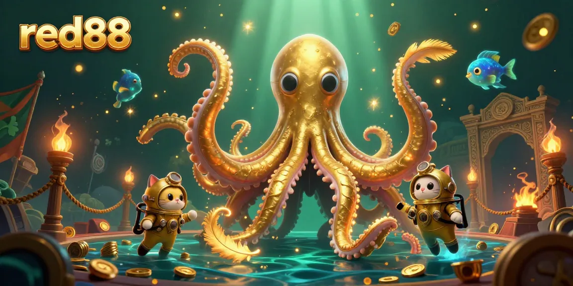 Experience exciting gaming with red88, featuring a colossal kraken, diving cat, and treasure tokens.