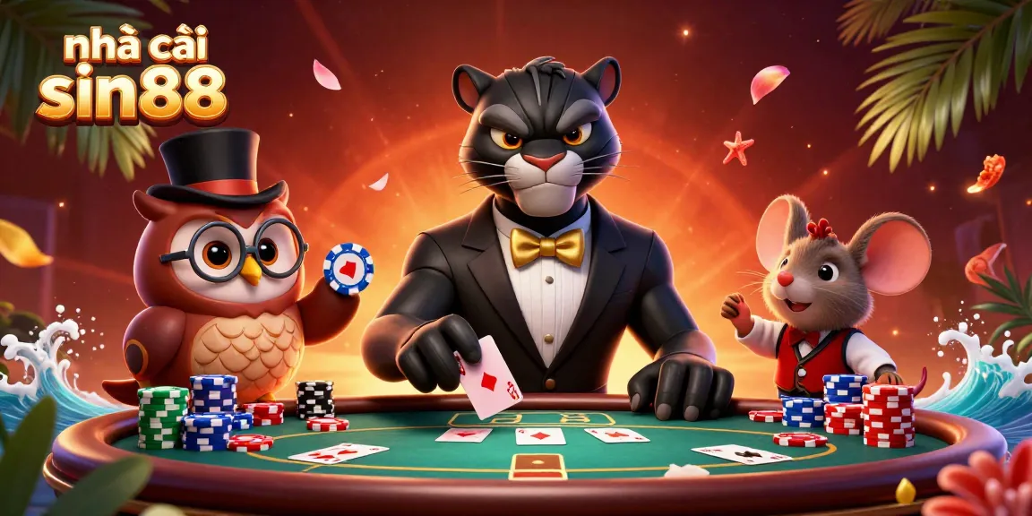 Experience the excitement at nhà cái sin88 with vibrant casino-themed characters engaging in a lively card game.