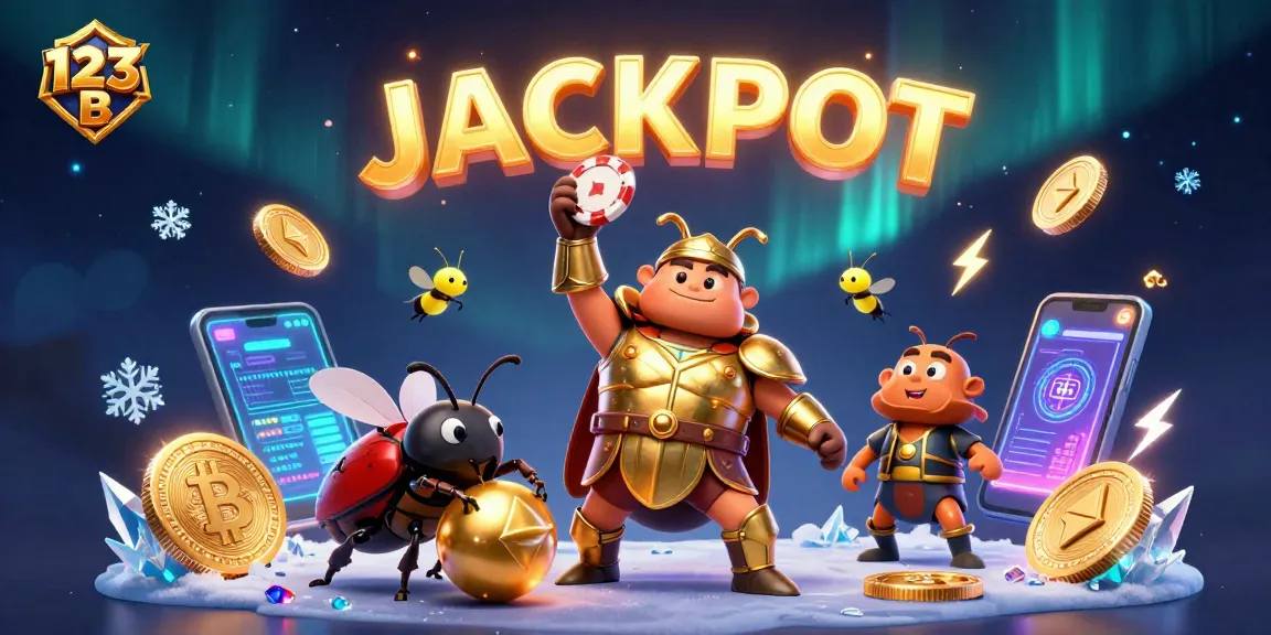 Engage in thrilling gameplay with 123 B's vibrant casino scene featuring a heroic beetle and dynamic crypto elements.