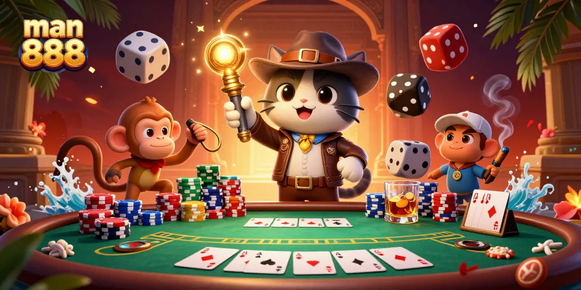 Experience the thrill of man 888 with an adventurous cat archaeologist exploring golden casino treasures.