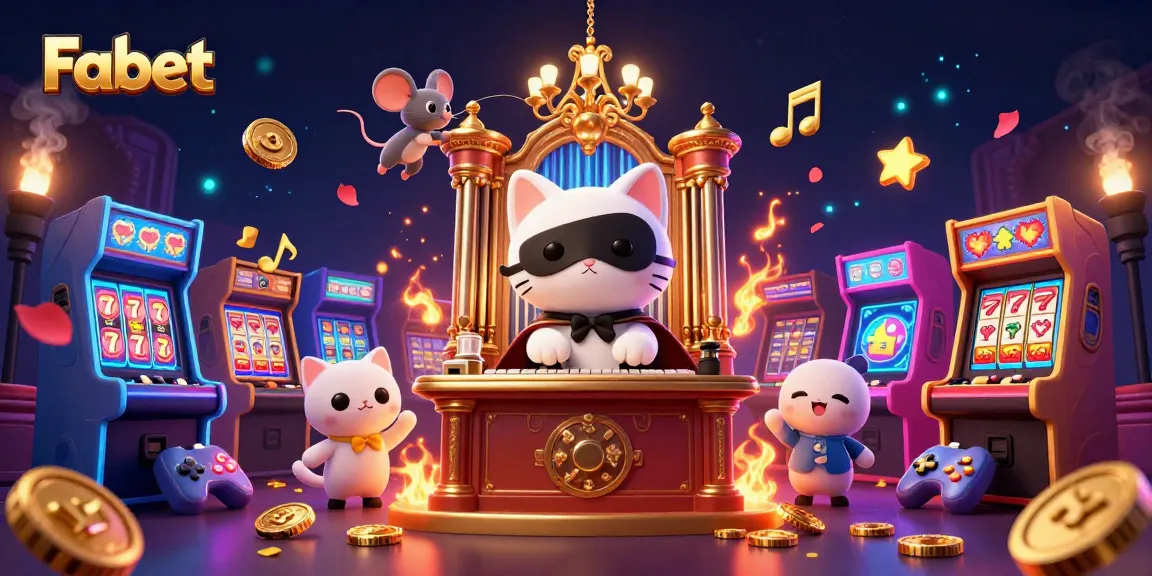 Fabet showcases vibrant 3D casino-themed characters amidst arcade machines and slot game elements.