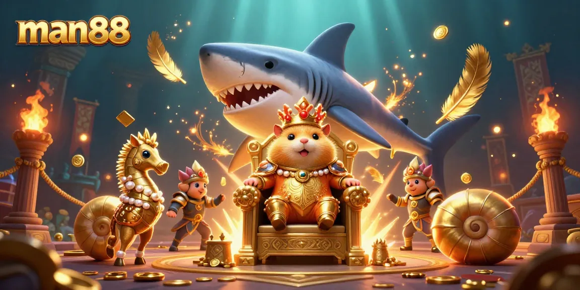 Experience man88's thrilling gaming environment with a fierce hamster king on a megalodon throne.