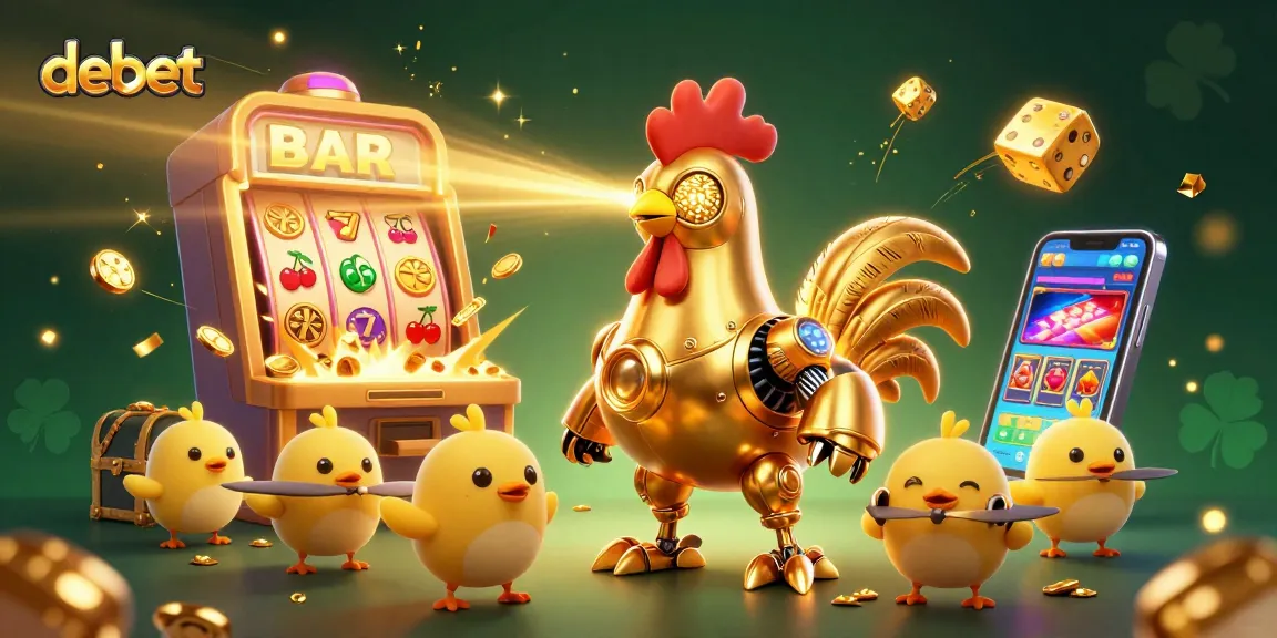 Engage with debet's thrilling casino world, featuring a futuristic golden rooster and exciting slot machine elements.