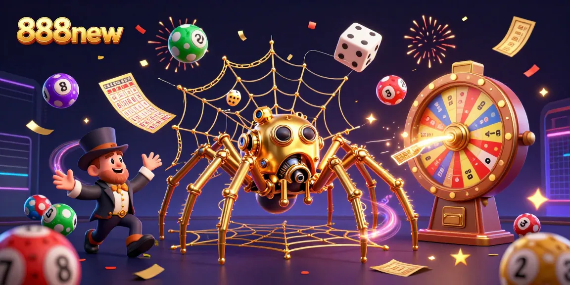 Win exciting prizes with 888new's vibrant lottery scene featuring a steampunk spider and dynamic elements.