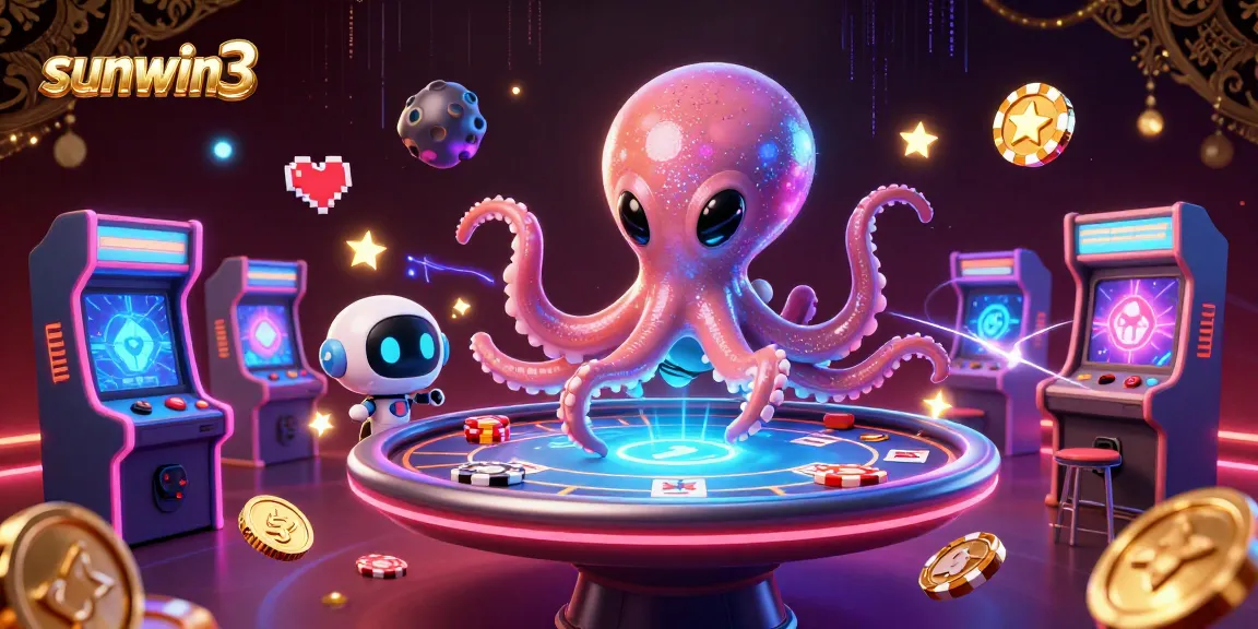 Play exciting games on sunwin3 with an alien octopus at a holographic poker table surrounded by vibrant casino elements.