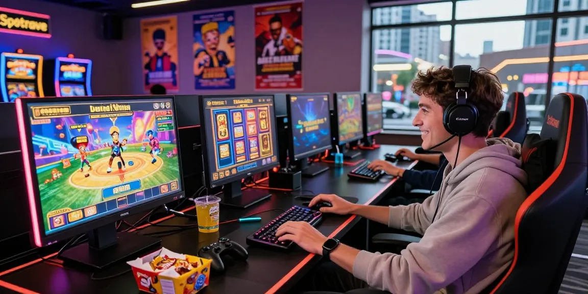 Player engaged at Slotrave Casino, dynamic gaming atmosphere with colorful screens and urban backdrop.