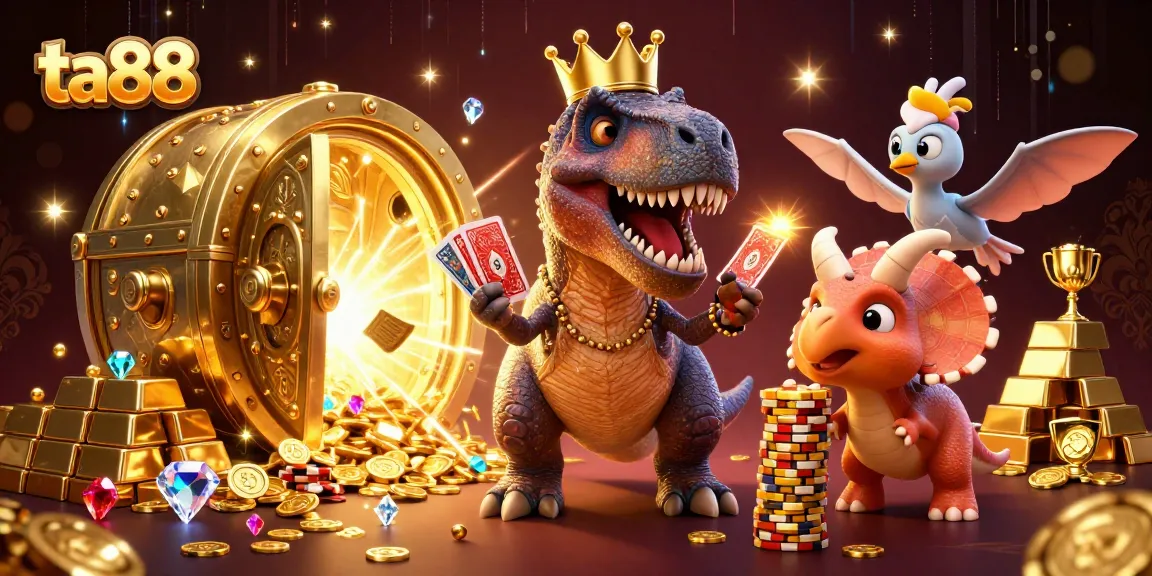 Join the excitement with ta88 as a T-Rex shuffles cards in a vibrant casino scene.