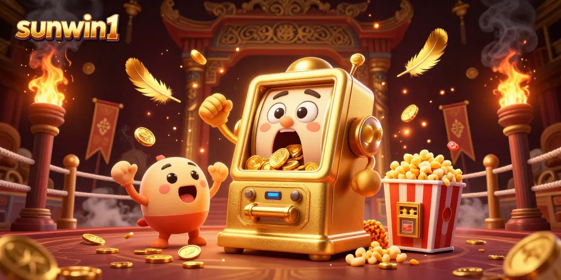 Experience the thrill of sunwin1 with this dynamic illustration showcasing a golden slot machine hitting a jackpot amid cheering companions.