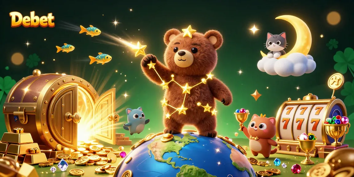 Experience the excitement of Debet with a digital illustration showcasing a constellation bear, coins, and slot game elements.