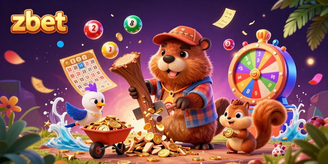 Visualize zbet's vibrant gaming experience with a cartoon beaver and colorful lottery elements.