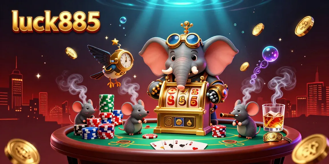 Experience thrilling gameplay at luck885 with a steampunk elephant engineer operating a golden slot machine.