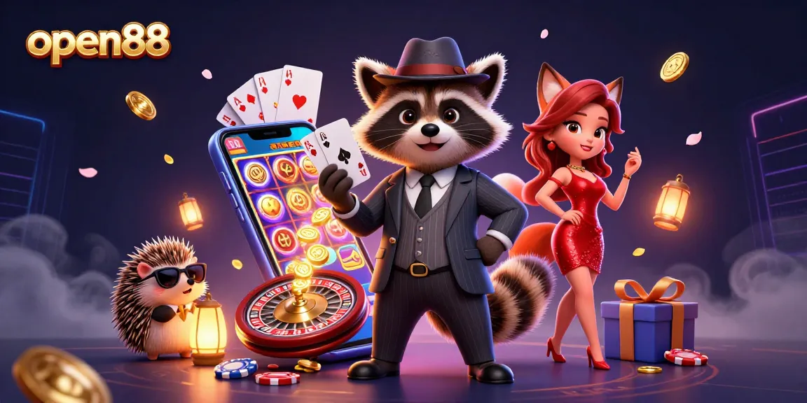 open88 players enjoy a vibrant casino scene with a suave raccoon, charming fox, and hedgehog.