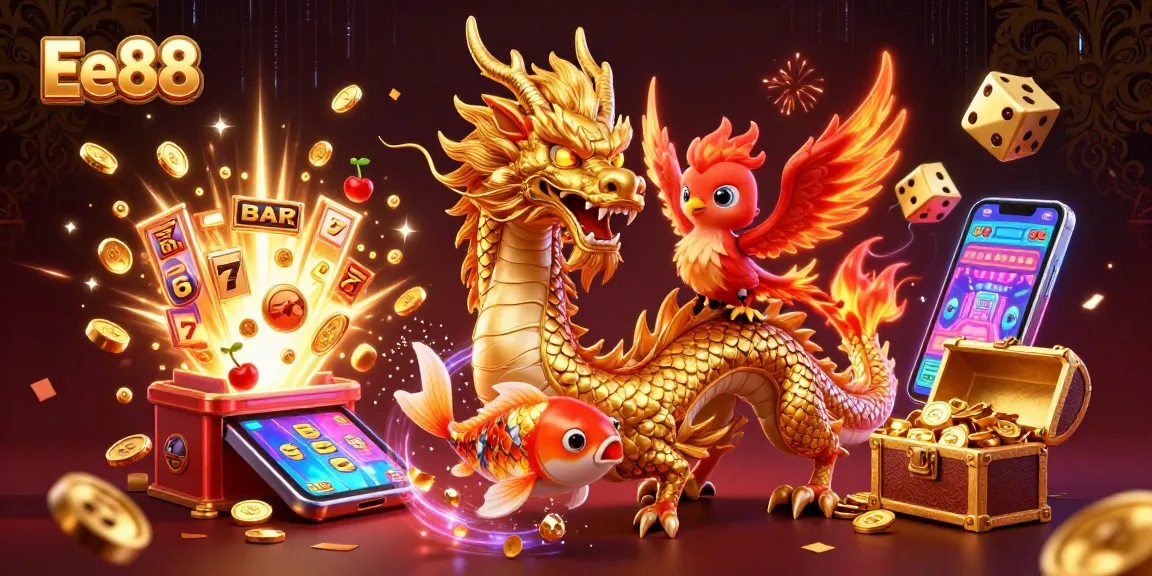 Experience thrilling Ee88 slots with a golden dragon, phoenix, and koi fish surrounded by jackpot elements.