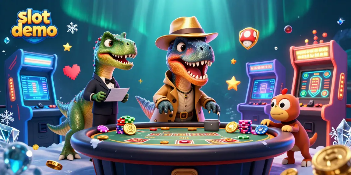 Slot demo yang menampilkan gulungan slot dan karakter kartun 3D di kasino virtual.