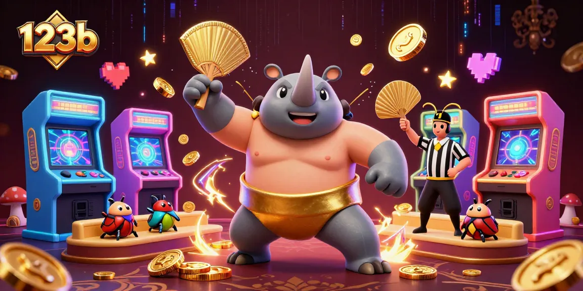 Engaging 3D scene with the sumo champion 123b beetle, gold coins flying, and vibrant game graphics.