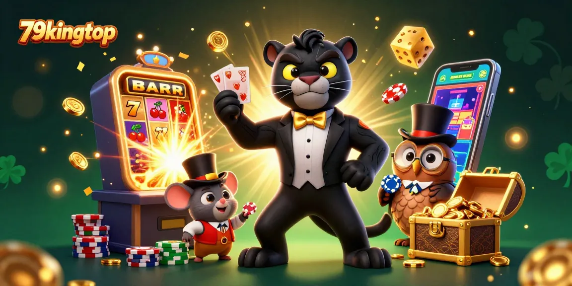 Engage with the dynamic 79kingtop casino experience featuring a panther dealing cards among vibrant gaming elements.