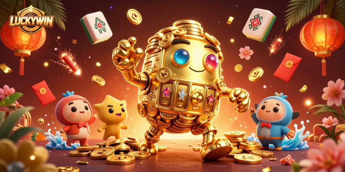 Experience LUCKYWIN with a captivating golden golem in a vibrant casino universe.
