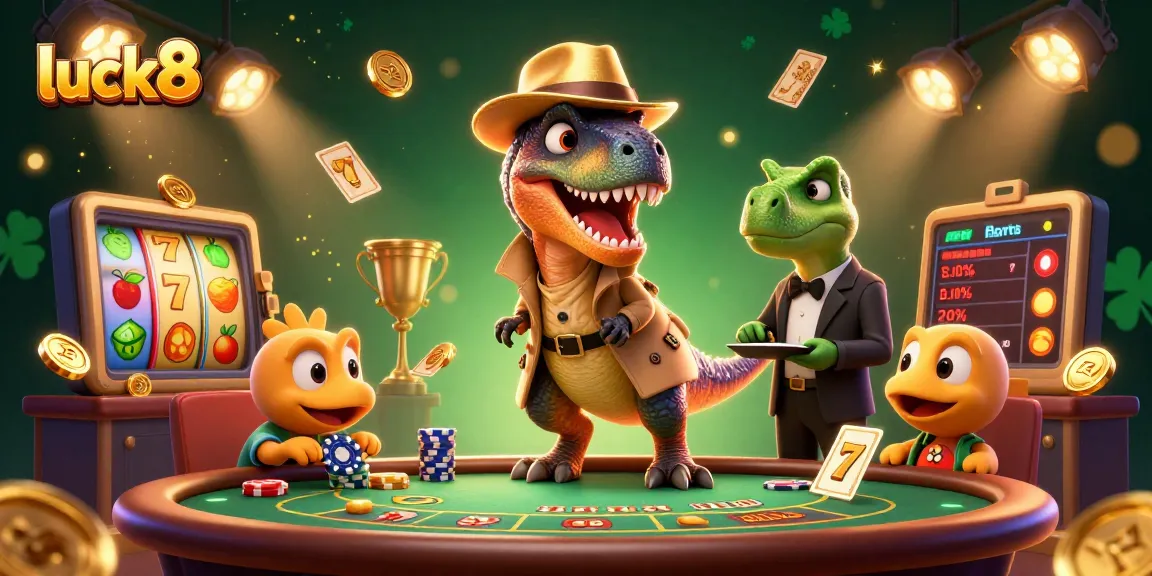 Place your bets at luck8 while a cartoon velociraptor card counter sneaks chips at a lively casino table.
