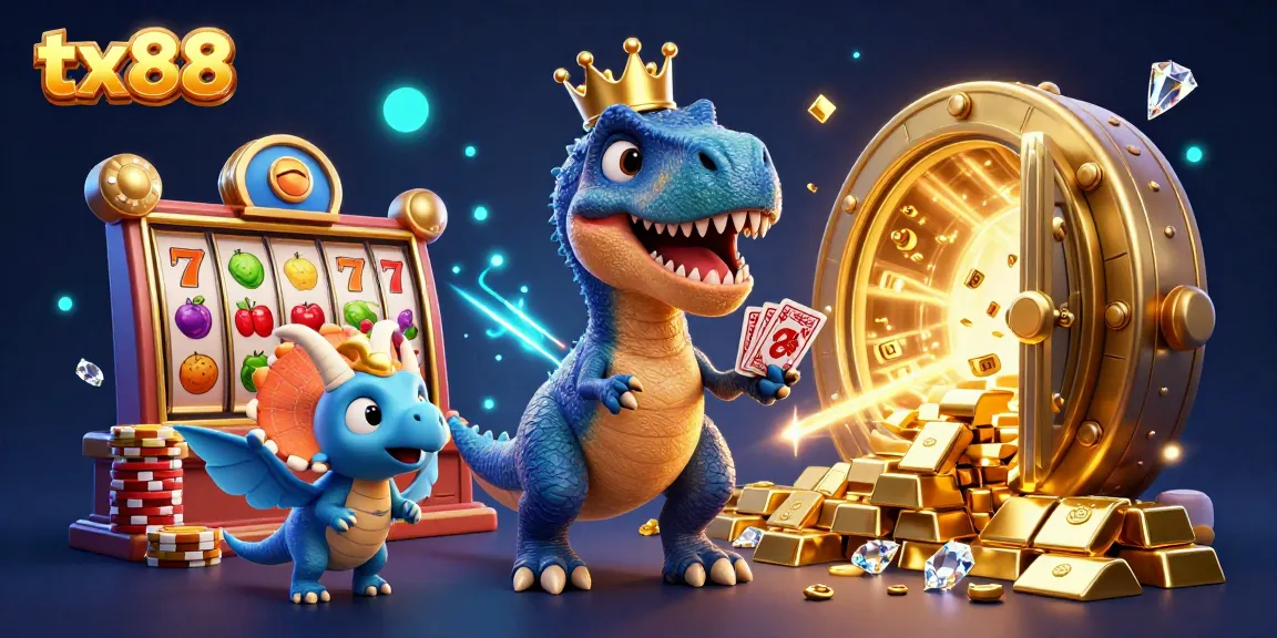 tx88 showcases a friendly T-Rex shuffling cards with treasure and slot machines in a vibrant casino scene.