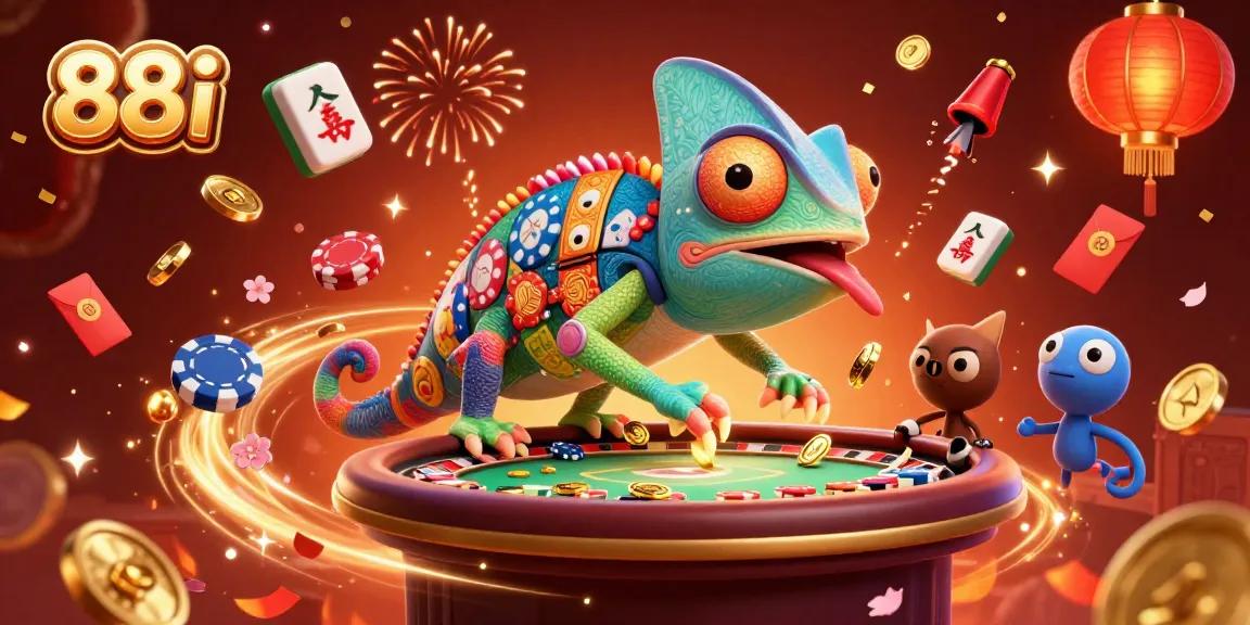 88i offers thrilling casino games with a colorful chameleon owner and festive elements.