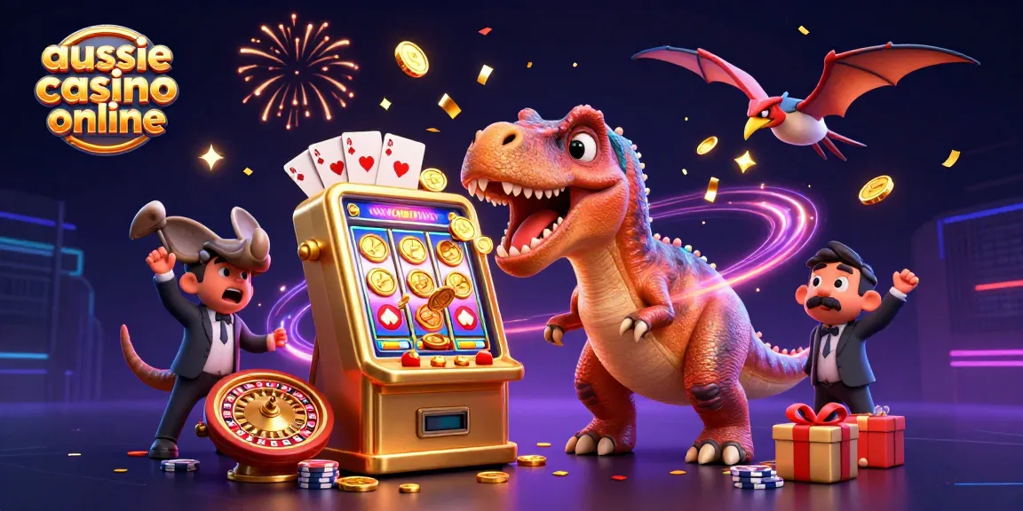 A 3D cartoon scene from aussie casino online with a dinosaur winning jackpot coins, showcasing casino elements.