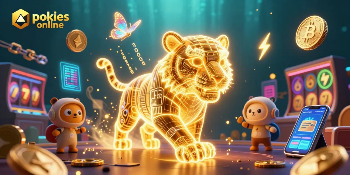 Experience pokies online with vibrant 3D scenes of golden tigers and slot elements lighting up digital casinos.