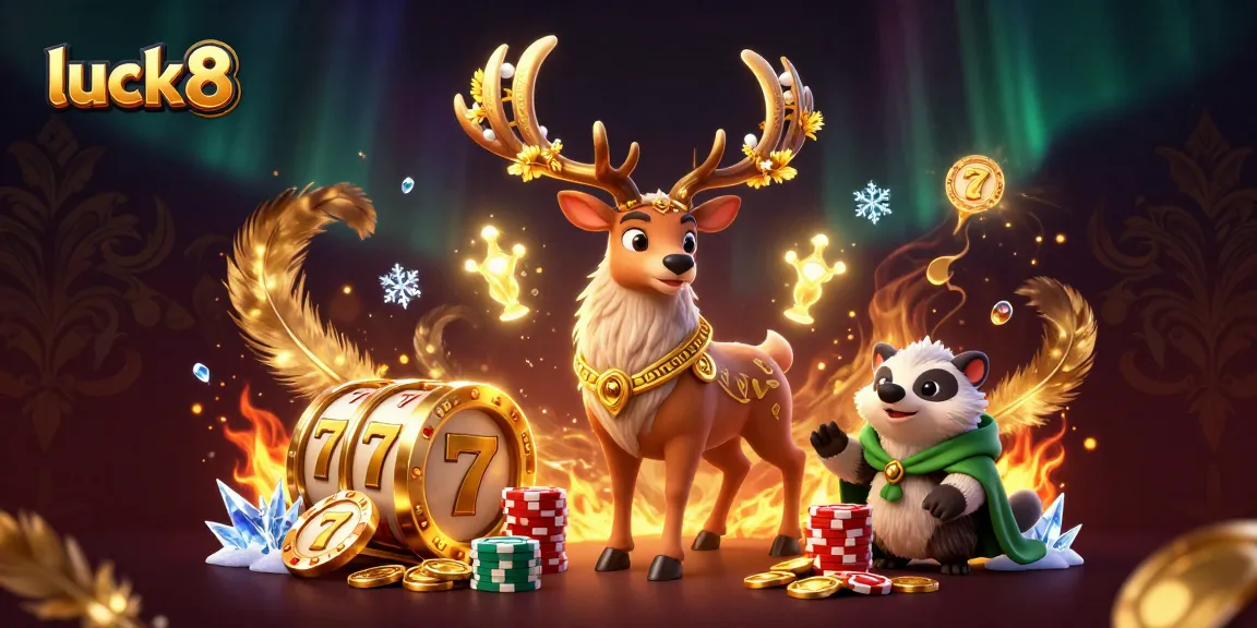 Engage with luck8's mesmerizing casino scene featuring a Celtic druid stag and lucky symbols.