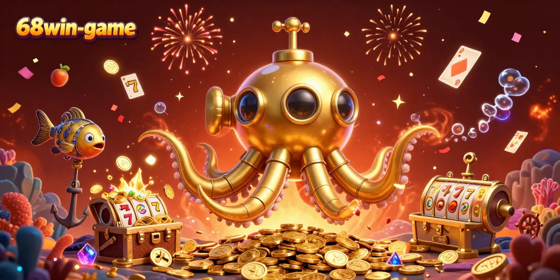 Experience excitement with 68win-game's vibrant 3D kraken submarine and treasure-filled casino visuals.