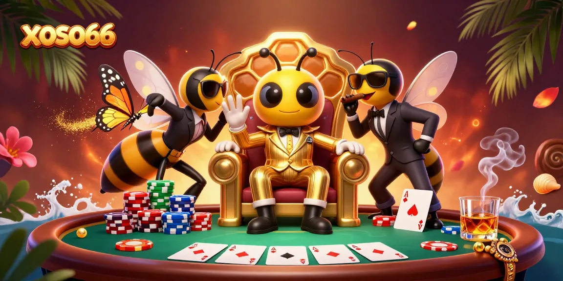 Play thrilling games at xoso66 with a vibrant 3D casino scene featuring a cartoon bumblebee mob boss.